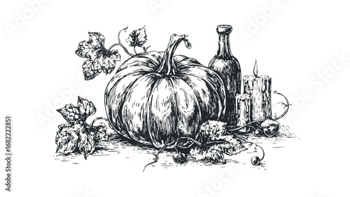 Line drawing of a pumpkin with leaves, bottle, and lit candle. Vector hand drawn illustration