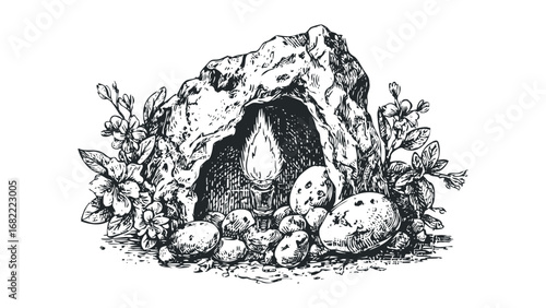 Sketch of natural cave opening with flowering plants and potatoes illuminated by a torch. Vector hand drawn illustration
