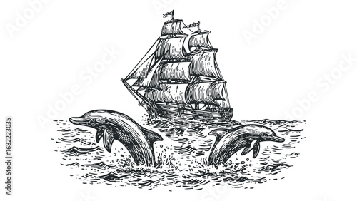 Vintage Tall Ship Sailing Alongside Jumping Dolphins in the Ocean. Vector hand drawn illustration