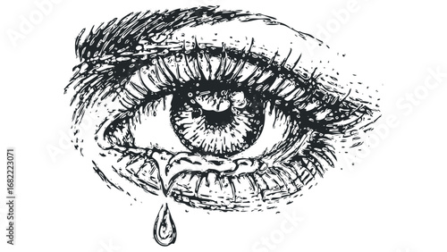 Expressive Ink Drawing of a Crying Human Eye with Falling Tear. Vector hand drawn illustration