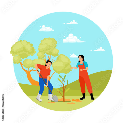Two People Planting a Young Tree in a City Park.