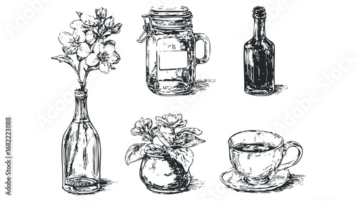 Sketch of flowers in a bottle, jar with label, bottle with liquid, and cup of coffee on saucer. Vector hand drawn illustration