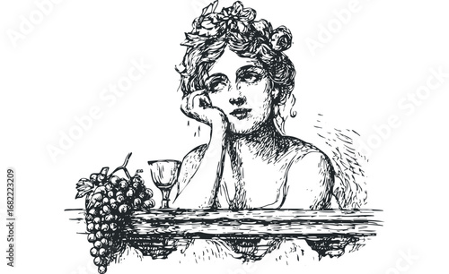 Sketch of a woman adorned with flowers holding her chin near grapes and a glass. Vector hand drawn illustration