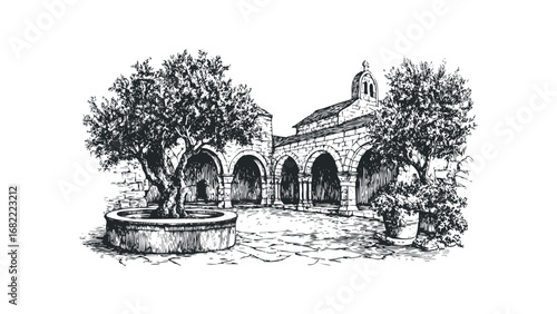 Architectural courtyard with arched walkway and ancient olive tree. Vector hand drawn illustration