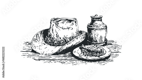 Western cowboy hat with food and drink on wooden table in sketch. Vector hand drawn illustration