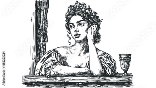 Elegant woman with elaborate hairstyle and ornate goblet at table. Vector hand drawn illustration