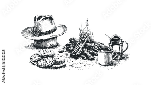 Outdoor campfire scene with cowboy hat, cookies, and coffee pot. Vector hand drawn illustration