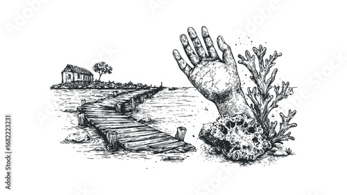 Hand emerging from water near pier and small building with coral. Vector hand drawn illustration