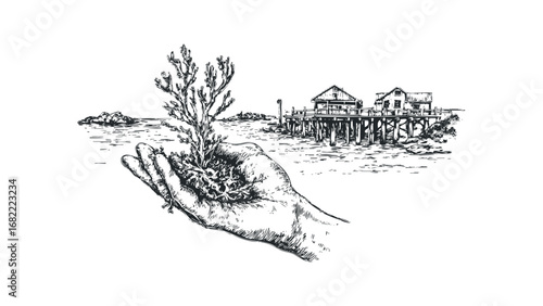 Hand holding coral with pier and ocean in the background. Vector hand drawn illustration