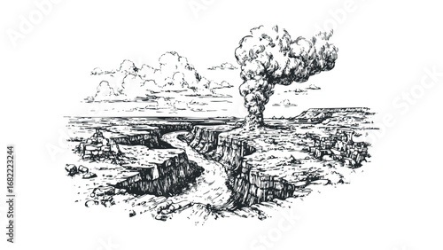 Dramatic landscape with plume of smoke rising over a rocky canyon with a winding river. Vector hand drawn illustration