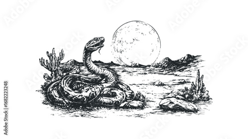 Drawn Rattlesnake Coiled in Desert Landscape Under Large Full Moon. Vector hand drawn illustration