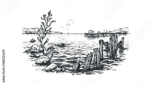 Hand drawn pier pilings and seaweed on a calm lake with distant hills. Vector hand drawn illustration