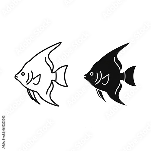 Modern outline and solid silhouette angelfish icons for ocean and education