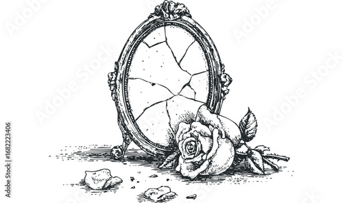 Fragmented antique mirror with rose on transparent background. Vector hand drawn illustration