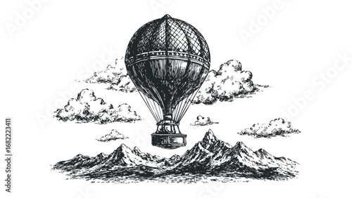 Vintage hot air balloon floating above jagged mountains and clouds. Vector hand drawn illustration