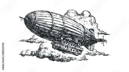 Detailed Ink Drawing of an Airship Flying Through Clouds. Vector hand drawn illustration