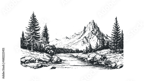 Sketchy mountain peak with pine forest and flowing river on transparent background. Vector hand drawn illustration