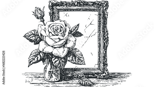 Pen and ink drawing of a single rose in a glass vase next to a framed mirror. Vector hand drawn illustration