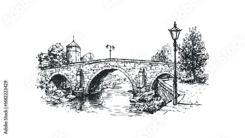 Arch stone bridge with tower and lamppost sketched on a transparent background. Vector hand drawn illustration