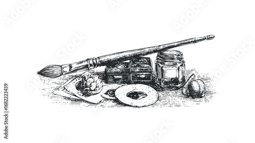 Vintage art supplies including paintbrush, ink bottle, and pigment set sketch. Vector hand drawn illustration