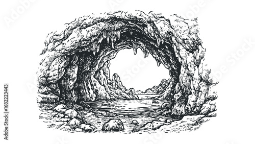 Detailed ink sketch of a cave opening with rocky formations and water. Vector hand drawn illustration