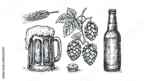 Engraved Mug of Beer With Hops and Wheat. Vector hand drawn illustration