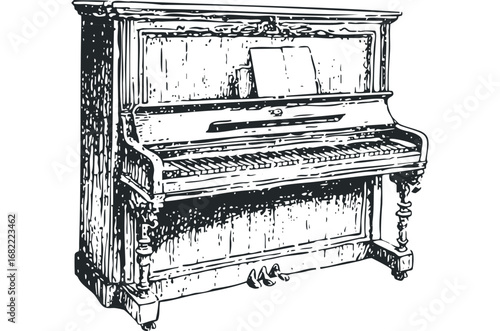 Ornate antique upright piano with sheet music and pedals on a white background. Vector hand drawn illustration