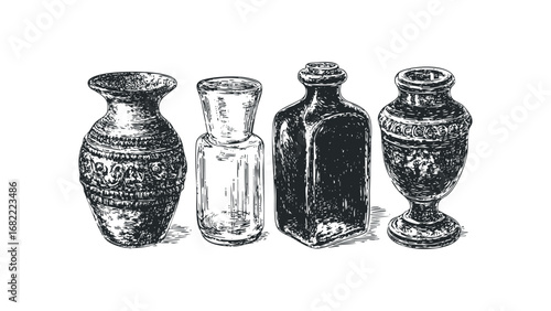 Set of four vintage bottles and vases in black and white sketch. Vector hand drawn illustration