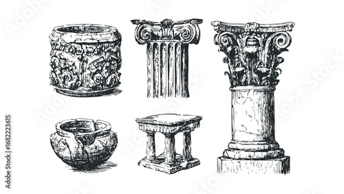 Antique architectural fragments including Ionic columns and pottery on a white canvas. Vector hand drawn illustration