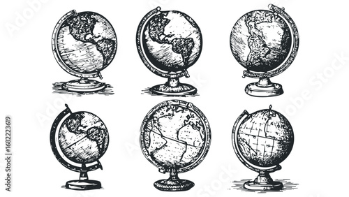 Six vintage globes displayed on a white surface in a sketch style. Vector hand drawn illustration