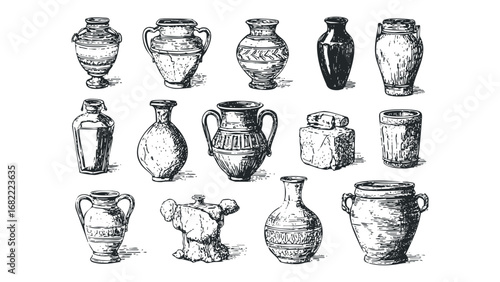 Collection of Hand Drawn Ancient Ceramic Vessels on Transparent Background. Vector hand drawn illustration