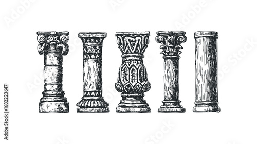 Collection of five classic architectural columns with ornamental capitals and bases. Vector hand drawn illustration