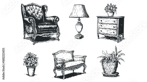Sketch of ornate armchair, lamp, and potted plants on white. Vector hand drawn illustration