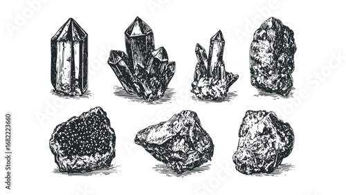 Engraved crystal clusters and raw mineral specimens on white. Vector hand drawn illustration