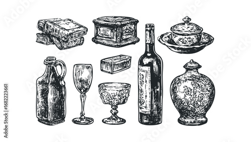Vintage objects collection including bottles, glasses, books, and containers with detailed engravings. Vector hand drawn illustration