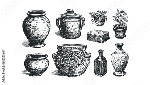 Collection of Antique Pottery Vessels and Potted Plants in Sketch Style. Vector hand drawn illustration