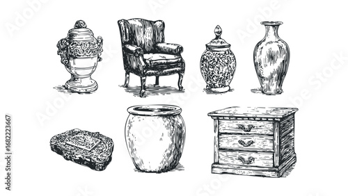 Set of antique furniture and decorative vases in a sketch style. Vector hand drawn illustration