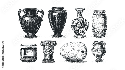 Collection of antique amphorae, vases and decorative pedestals with floral motifs. Vector hand drawn illustration
