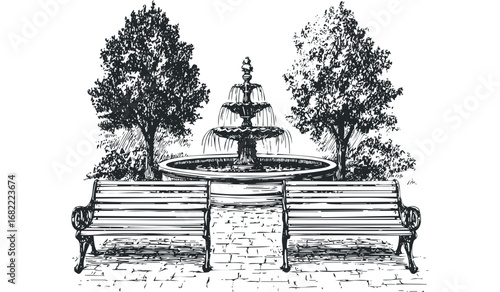 Pen and ink sketch of a tranquil park scene with a tiered fountain and benches. Vector hand drawn illustration