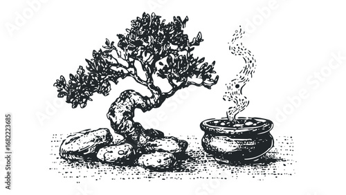Whimsical bonsai tree and steaming pot illustration. Vector hand drawn illustration