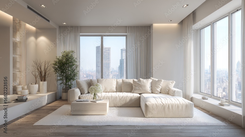 Fototapeta premium Modern minimalist living room with city view