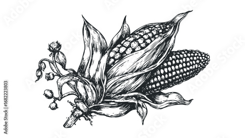 Engraved Corn Ears and Seed Pods. Vector hand drawn illustration