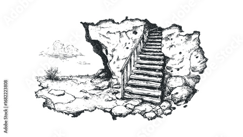 Sketch of wooden staircase ascending rocky terrain with sparse vegetation. Vector hand drawn illustration