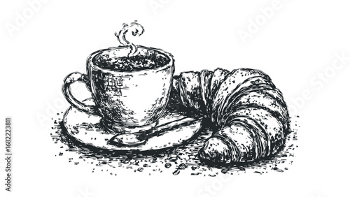 Sketch of hot coffee in a mug with steam and a croissant on a saucer with a spoon. Vector hand drawn illustration