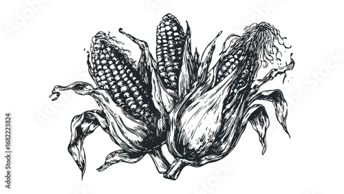 Sketch of Three Corn Cobs with Husks and Silks. Vector hand drawn illustration