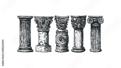 Variety of Ancient Column Styles on Transparent. Vector hand drawn illustration