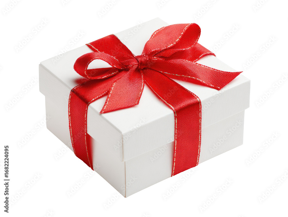 Obraz premium A square white gift box, tied with a red ribbon and bow