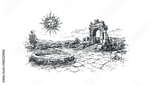 Ancient stone ruins with a circular well and a personified sun symbol overhead. Vector hand drawn illustration