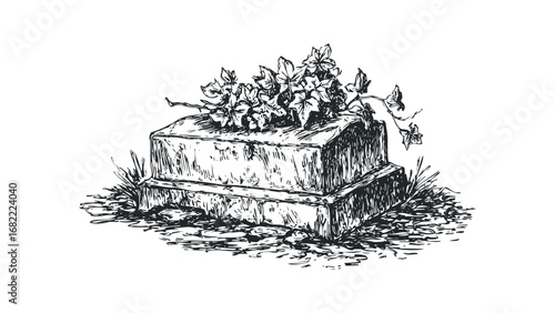 Stone monument with ivy vines and grass sketch. Vector hand drawn illustration