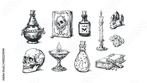 Mystical objects collection including skull, crystal, candle and potions. Vector hand drawn illustration